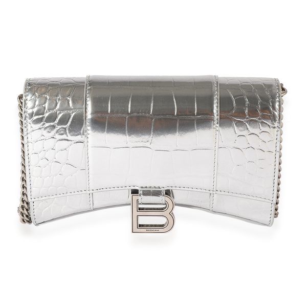 122478 fv 179b5e77 4f25 4efb a299 34ec6a3d9914 Balenciaga Silver Croc Embossed Hourglass Chain Wallet