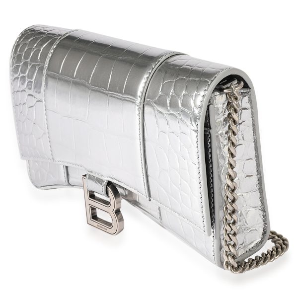 122478 sv 7c6201d7 67c2 4a99 9d8e 48a04f53a3c4 Balenciaga Silver Croc Embossed Hourglass Chain Wallet