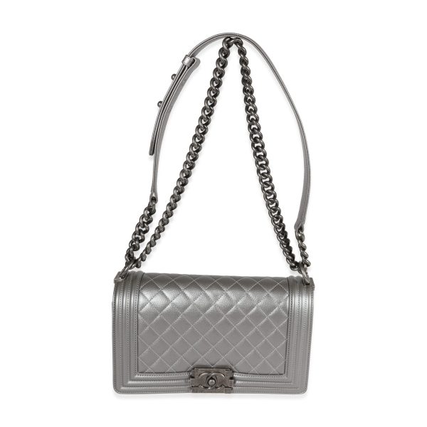 122552 bv Chanel Silver Quilted Caviar Medium Boy Bag