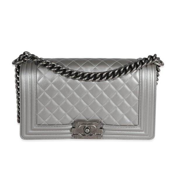 122552 fv Chanel Silver Quilted Caviar Medium Boy Bag