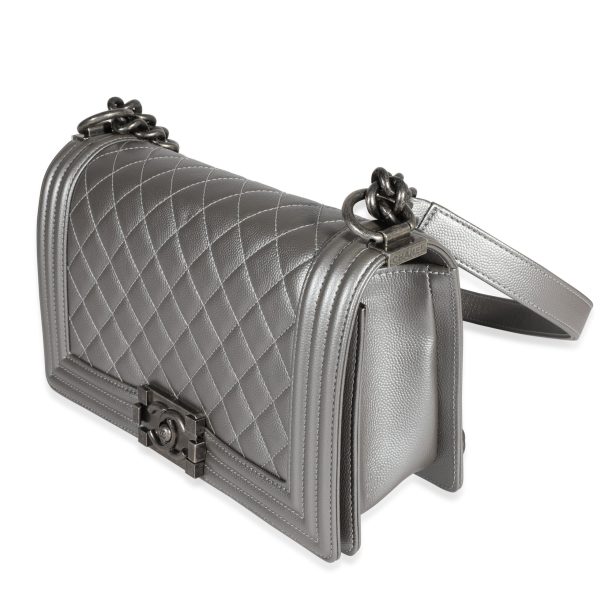 122552 sv Chanel Silver Quilted Caviar Medium Boy Bag