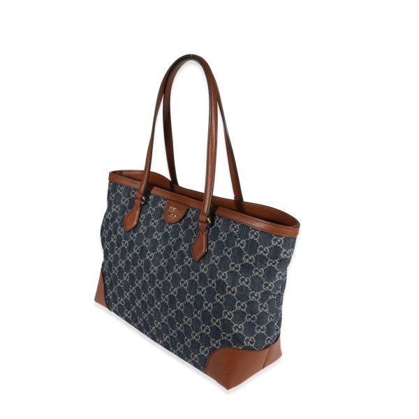 122554 sv Gucci Dark Blue Ivory Denim Medium Ophidia GG Tote