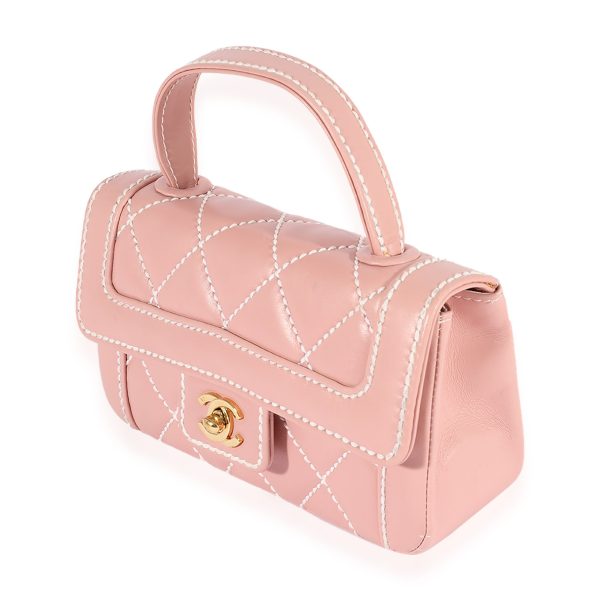 122584 sv Chanel Pink Calfskin Wild Stitch Mini Top Handle Bag