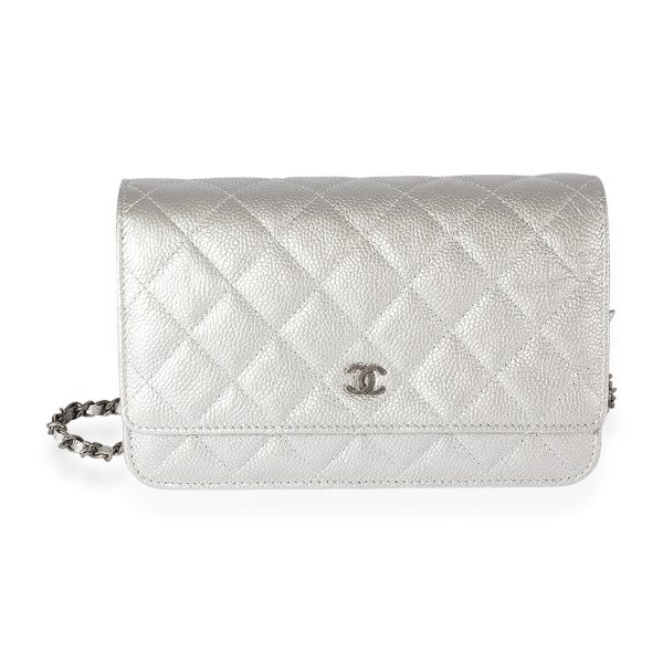 122665 fv Chanel Silver Quilted Caviar Wallet On Chain