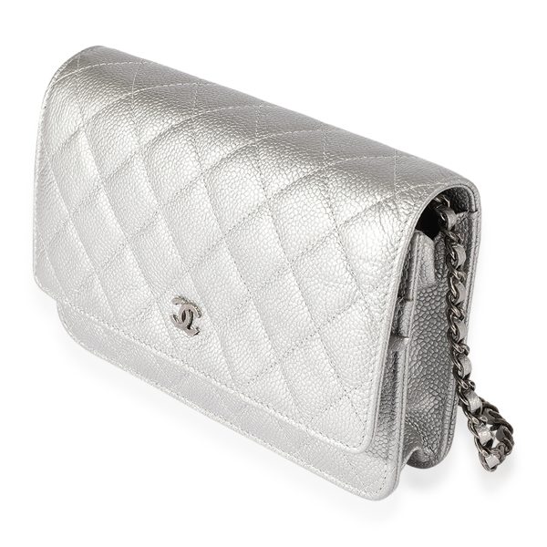 122665 sv Chanel Silver Quilted Caviar Wallet On Chain