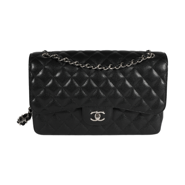 122745 fv Chanel Black Quilted Caviar Jumbo Classic Double Flap Bag