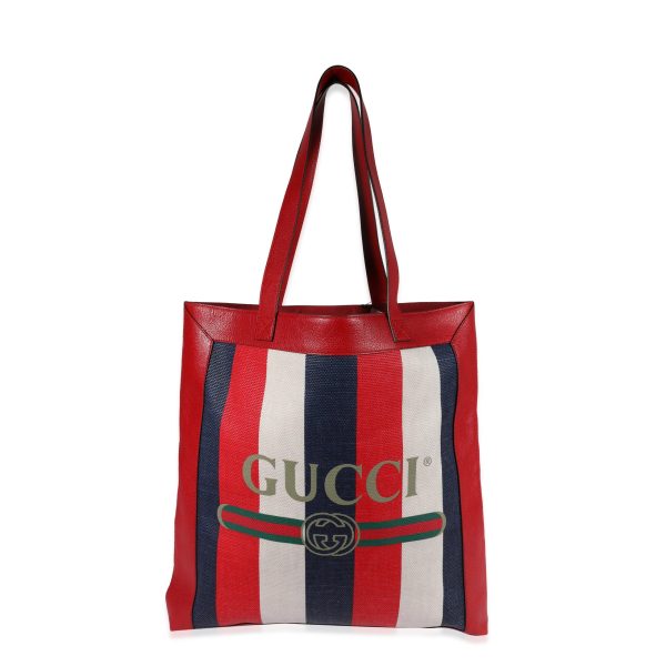 122838 fv 55bf2162 2a47 4a42 a2fc b8ed788e79ad Gucci Red White Blue Logo Stripe Canvas and Leather Tote