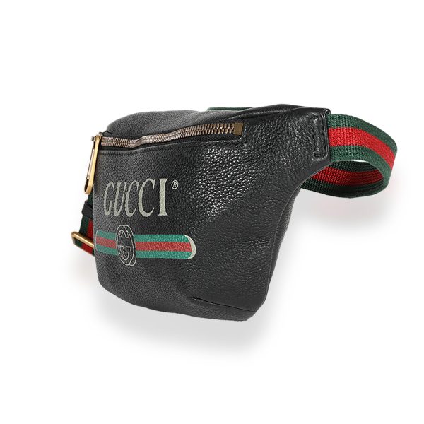 122842 sv Gucci Black Grained Calfskin Logo Print Small Belt Bag