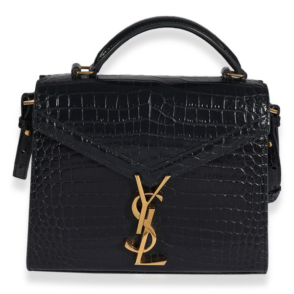 123244 fv 0aaeb0d2 9424 454f 9dae 0f728bb398ec Saint Laurent Navy Crocodile Embossed Mini Cassandra Top Handle Bag