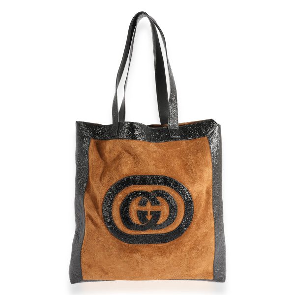 123396 fv 99c707dd 3320 47eb a4f0 8dbab2be8733 Gucci Brown Suede Black Patent Leather Logo Tote