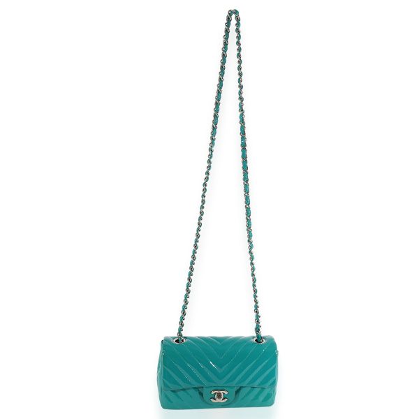 123490 bv e778c0a5 184e 40f6 9bcd 4bf46f3f8196 Chanel Teal Chevron Quilted Patent Leather Mini Rectangular Classic Flap Bag