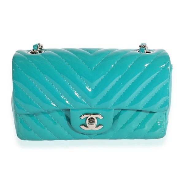 123490 fv 38ca823e d3fd 4909 8751 a9a4ff0bf11b Chanel Teal Chevron Quilted Patent Leather Mini Rectangular Classic Flap Bag