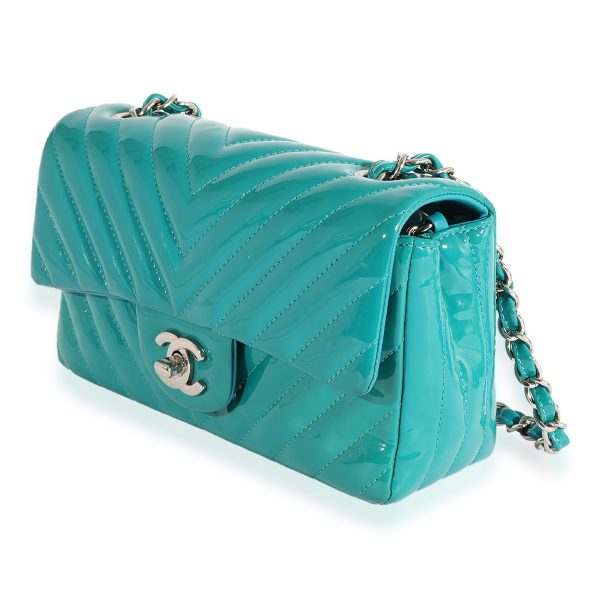 123490 sv 56d78bd2 0312 4c5c a9db 88aedd6503b2 Chanel Teal Chevron Quilted Patent Leather Mini Rectangular Classic Flap Bag