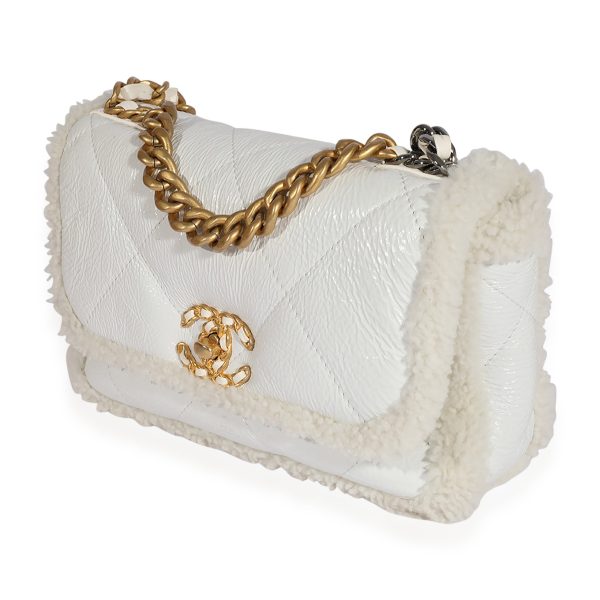 123556 sv 30f2b52b 44c8 45b1 a911 23fa6d46a01c Chanel White Patent Leather Shearling Chanel 19 Medium Flap Bag