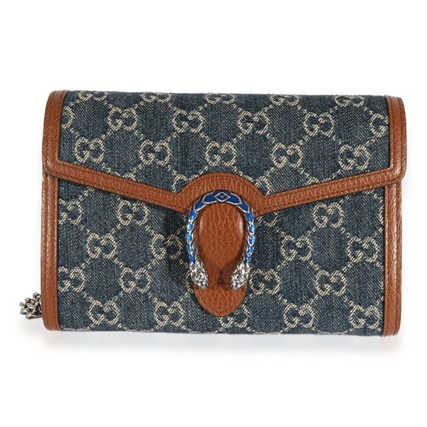 123700 fv bc1ec8a9 f3ec 4a6f a619 437932274281 Gucci Blue GG Denim Brown Leather Dionysus Chain Wallet