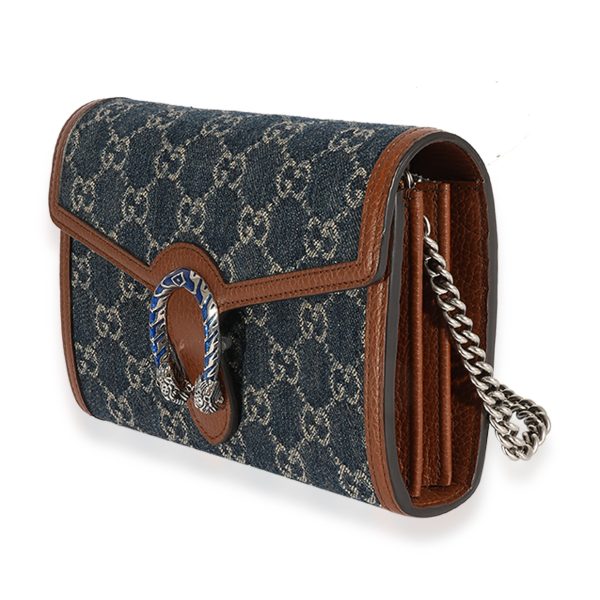 123700 sv 5b2c66f9 5785 4261 972a 04f40d72f7f0 Gucci Blue GG Denim Brown Leather Dionysus Chain Wallet