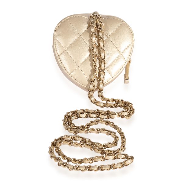 123712 pv Chanel Metallic Gold Quilted Lambskin Heart Coin Purse Necklace