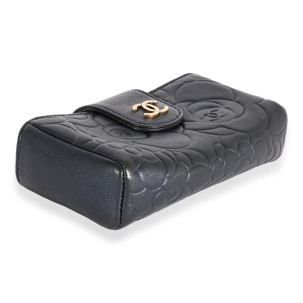 123718 bv Chanel Navy Camellia Embossed Leather Phone Holder Clutch