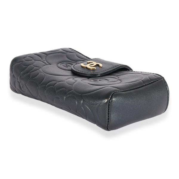 123718 clasp Chanel Navy Camellia Embossed Leather Phone Holder Clutch