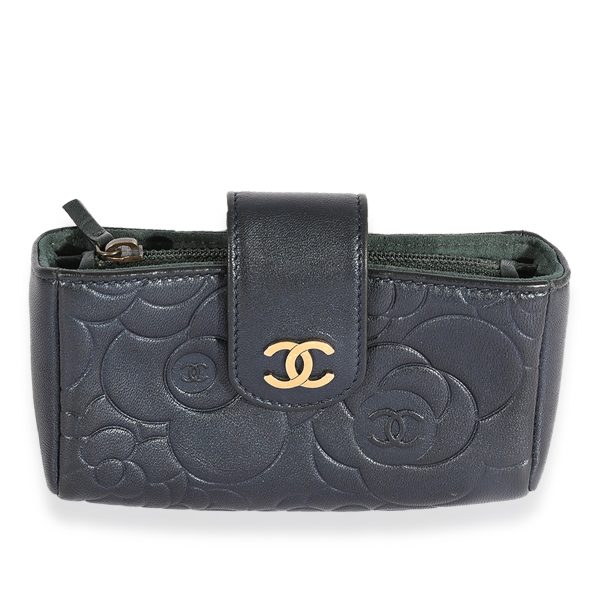 123718 fv Chanel Navy Camellia Embossed Leather Phone Holder Clutch