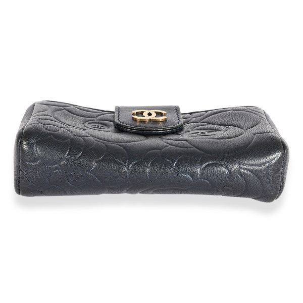 123718 stamp Chanel Navy Camellia Embossed Leather Phone Holder Clutch