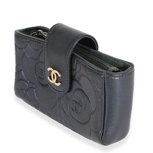 123718 sv Chanel Navy Camellia Embossed Leather Phone Holder Clutch