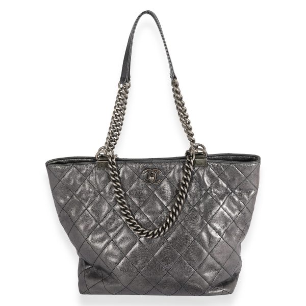 123901 clasp b02eaee9 f0a8 4050 a7f2 bda5c2666377 Chanel Metallic Blue Quilted Calfskin Shopping In Chains Tote