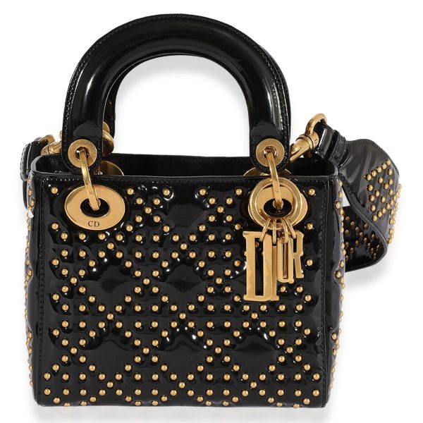 124042 fv e1eab76b 6b5f 40a6 84e7 7f07a8ba98b3 Dior Gold Studded Patent Leather Mini Lady Dior Bag