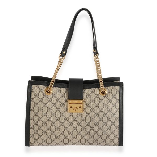 124062 fv Gucci GG Supreme Black Leather Medium Padlock Tote