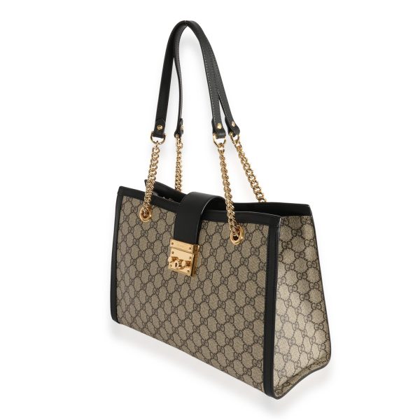 124062 sv Gucci GG Supreme Black Leather Medium Padlock Tote