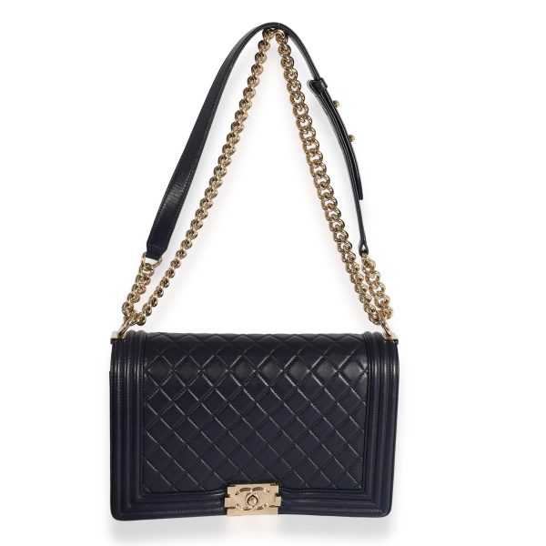 124167 clasp Chanel Navy Quilted Lambskin Large Boy Bag