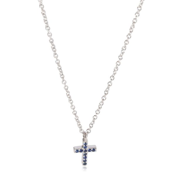 124412 fv Tiffany Co Blue Sapphire Mini Cross Pendant in 18K White Gold