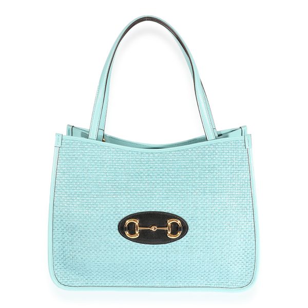 124694 fv Gucci Dusty Azzuro Raffia 1955 Horsebit Tote