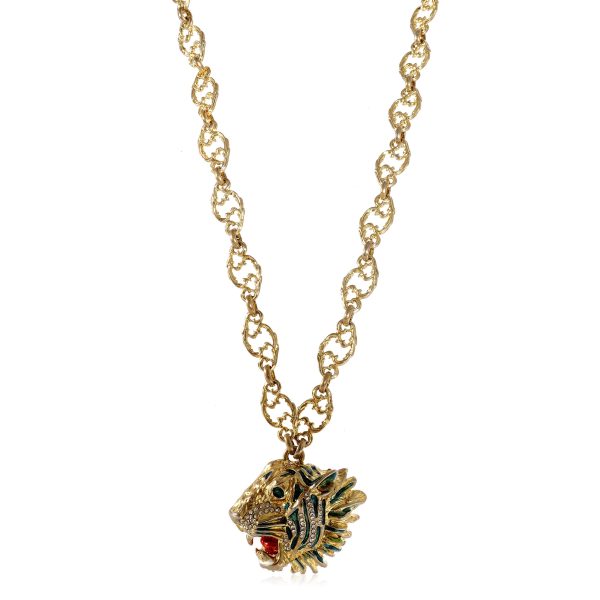 124990 fv Gucci Gold Tone Rajah Roaring Tiger Pendant Necklace