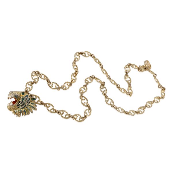 124990 pv Gucci Gold Tone Rajah Roaring Tiger Pendant Necklace