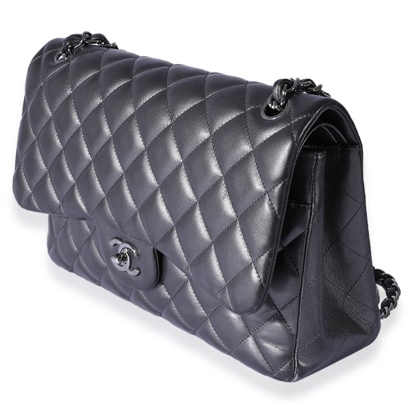 125304 sv af7c52e6 b14d 4848 915c 38e269748e51 Chanel Metallic Gunmetal Quilted Lambskin Jumbo Double Flap Bag