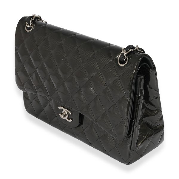 125346 sv ddba20c3 099b 4ead 93e7 e19bb05fe2b5 Chanel Grey Quilted Patent Leather Stripe Jumbo Double Flap Bag