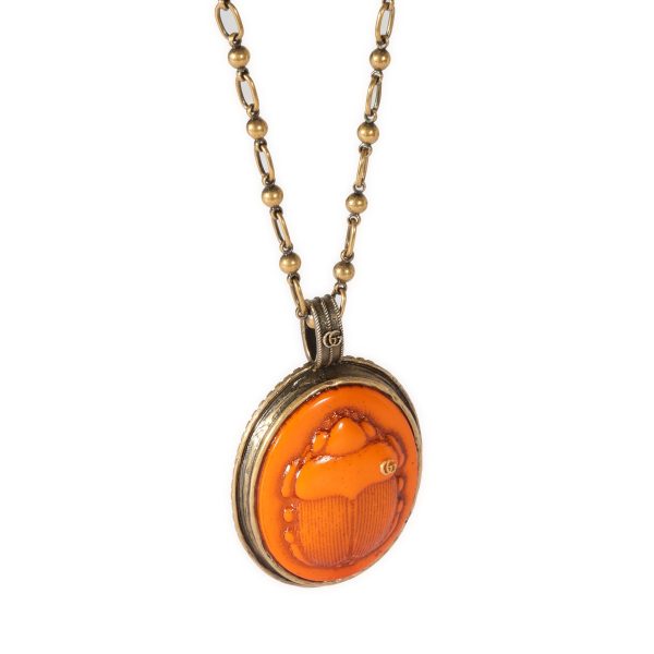 125787 fv Gucci Brass Tone Orange Scarab Beetle Pendant