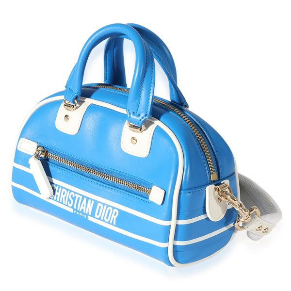 126351 sv 6a9a3738 22f1 4dee b7fd a454e1fb03a8 Dior Blue White Smooth Calfskin Micro Vibe Zip Bowling Bag