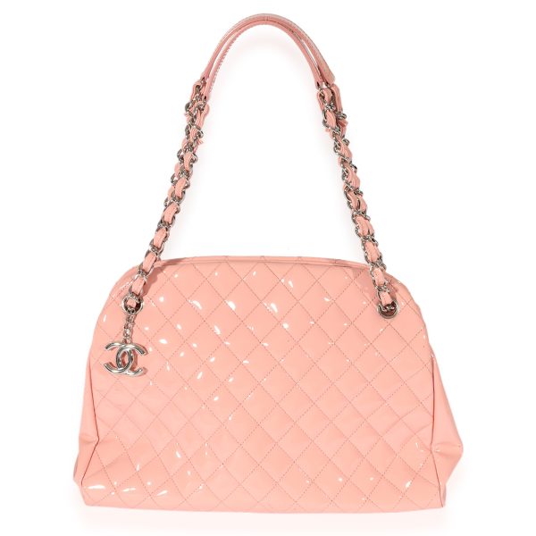 126684 fv Chanel Pink Patent Mademoiselle Large Bowling Bag