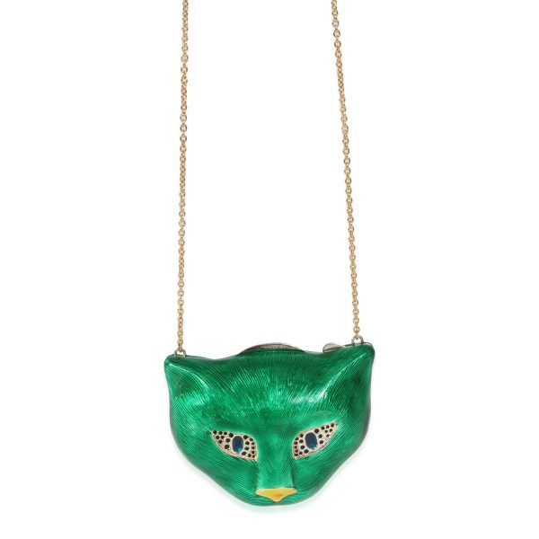 127405 fv Gucci Garden Enamel Cat Minaudière Necklace in 18k Yellow GoldSterling Silver