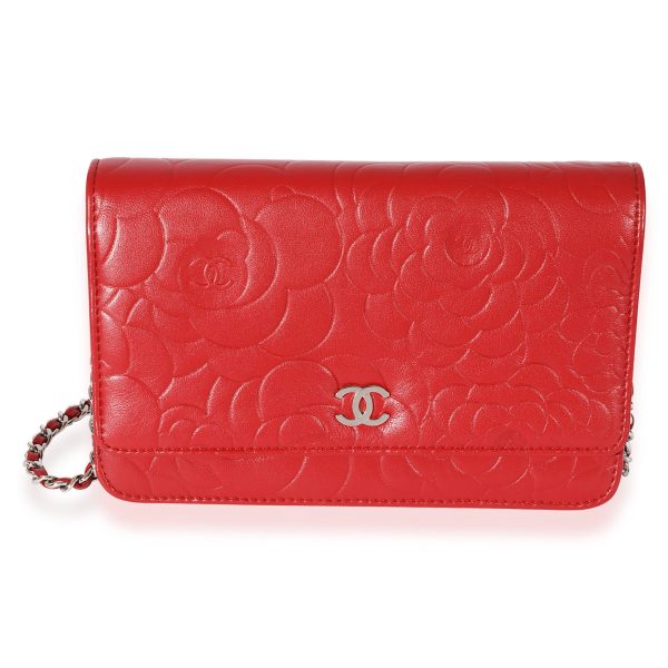 127610 fv Chanel Red Lambskin Camellia Wallet On Chain