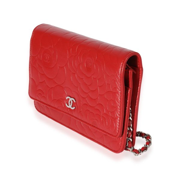 127610 sv Chanel Red Lambskin Camellia Wallet On Chain