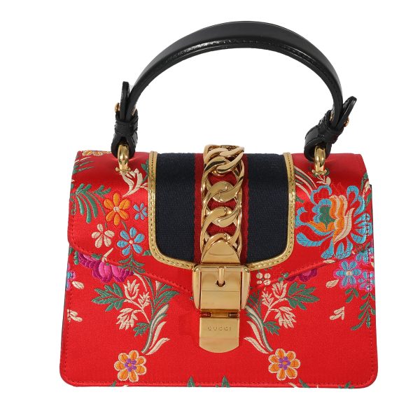 127861 fv Gucci Red Satin Floral Embroidered Jacquard Mini Sylvie