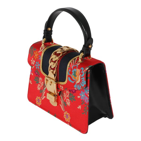 127861 sv Gucci Red Satin Floral Embroidered Jacquard Mini Sylvie