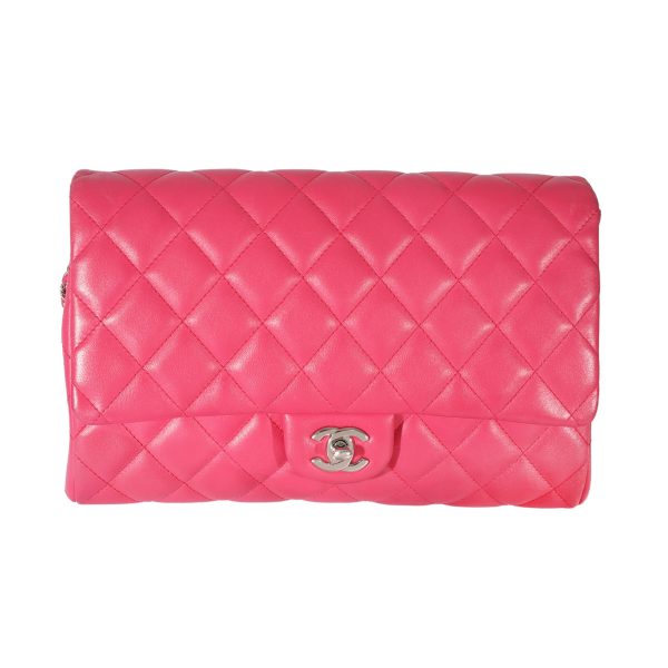 128008 fv Chanel Pink Lambskin Classic Flap Clutch With Chain