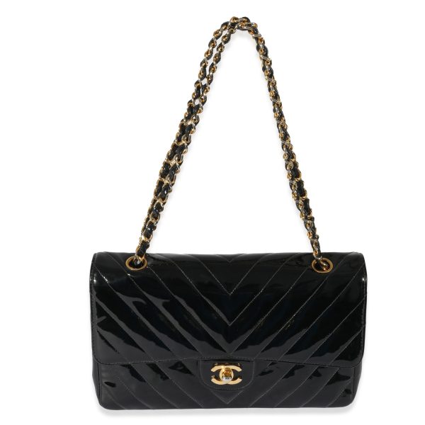 128031 bv Chanel Vintage Black Patent Chevron Medium Flap Bag