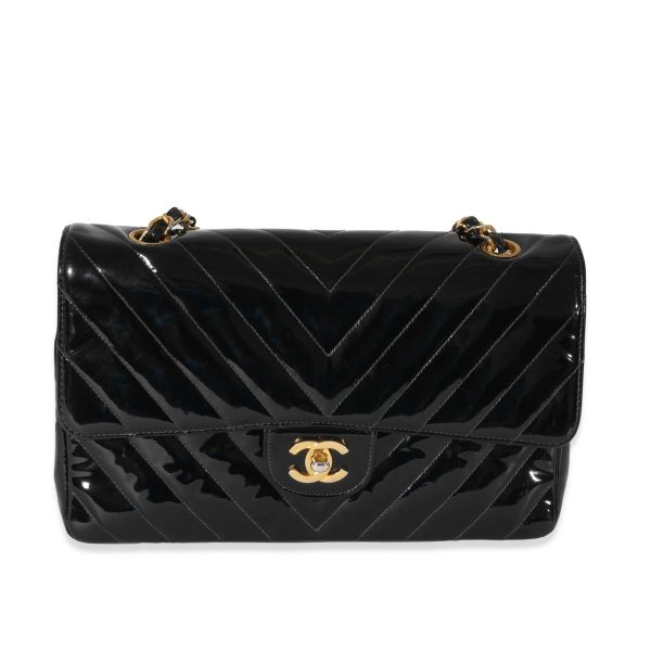 128031 fv Chanel Vintage Black Patent Chevron Medium Flap Bag