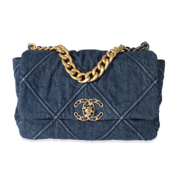 128092 fv Chanel Blue Quilted Denim Medium Chanel 19 Flap Bag