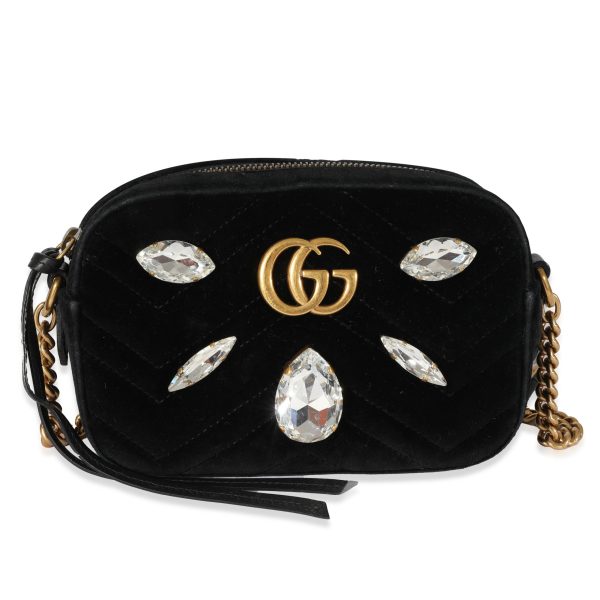 128275 fv Gucci Black Velvet Marquise Crystals Marmont Mini Bag